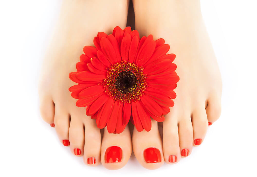 rot lackierte Fussn&auml;gel, mit einer gleichfarbigen Gerbera